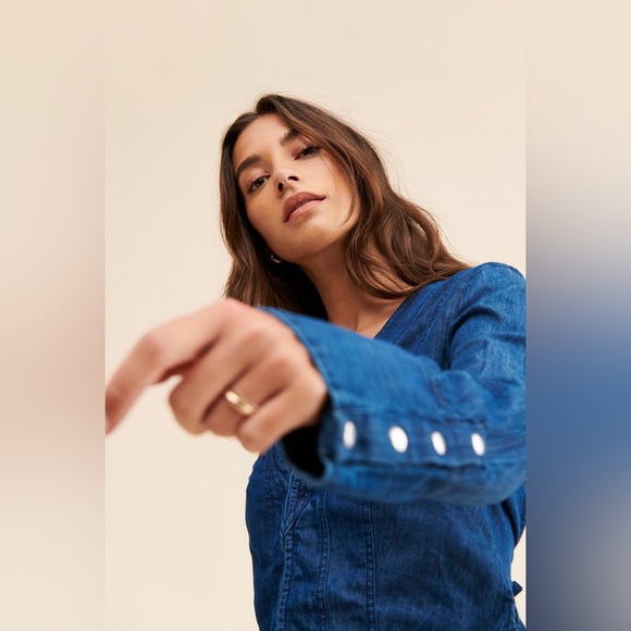 🎉LAST PIECE🎉 Free People Caroline Blouse Top Corset Long Sleeves Denim - Picture 8 of 8